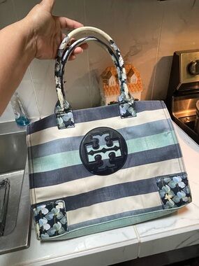Tory Burch Navy, Mint & Cream Striped Canvas Tote with Floral Trim